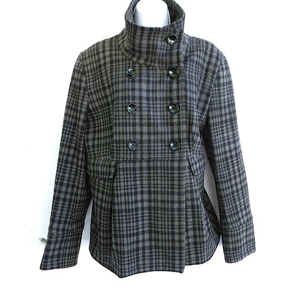 WooL Old Navy Peacoat Plaid Double Breasted PoCKeTS WooL Blend Grey Lined Retro - Picture 3 of 9